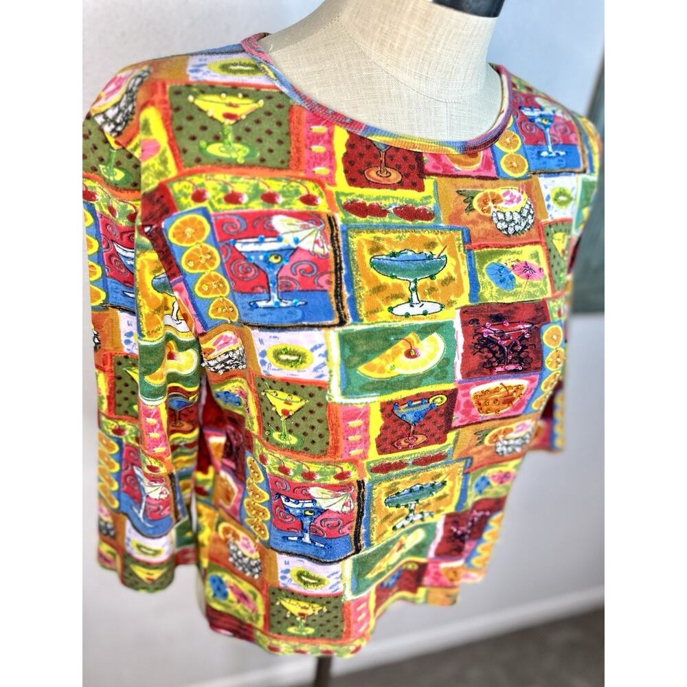 Vtg Beaded Sequin Fruit And Cocktail Colorful Cotton Top Size Large